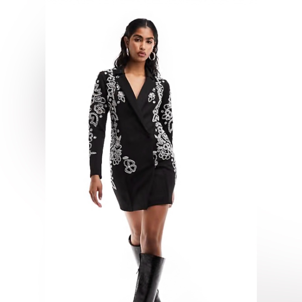 ASOS DESIGN plunge neck silver embellished sequin blazer mini dress in black